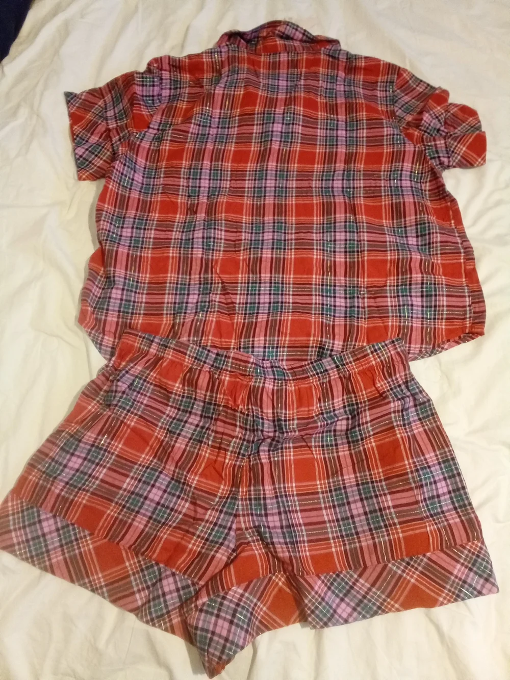Victoria's Secret Red Plaid Button-Down Shirt and Matching Shorts Set Sz XL